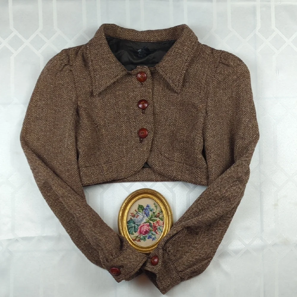 SOLD! Wool Blend Herringbone Bolero Old Fashioned Zara - Picture 1 of 12